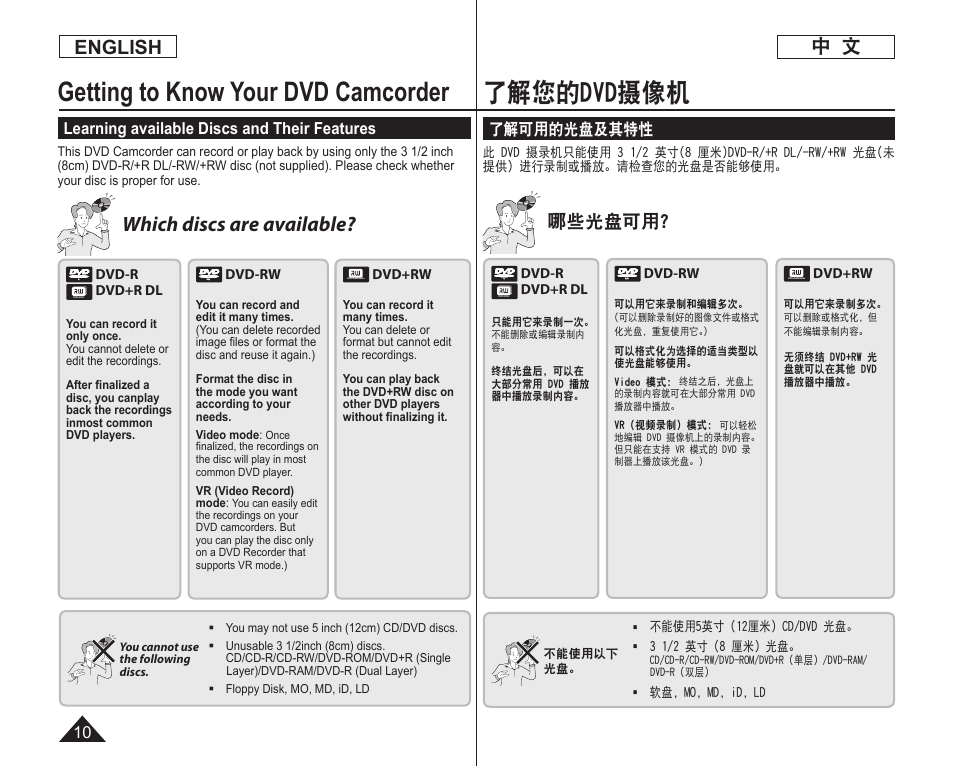 了解您的dvd摄像机, Getting to know your dvd camcorder, Which discs are available | English, 哪些光盘可用, 了解可用的光盘及其特性, Learning available discs and their features | Samsung DC575 User Manual | Page 10 / 128