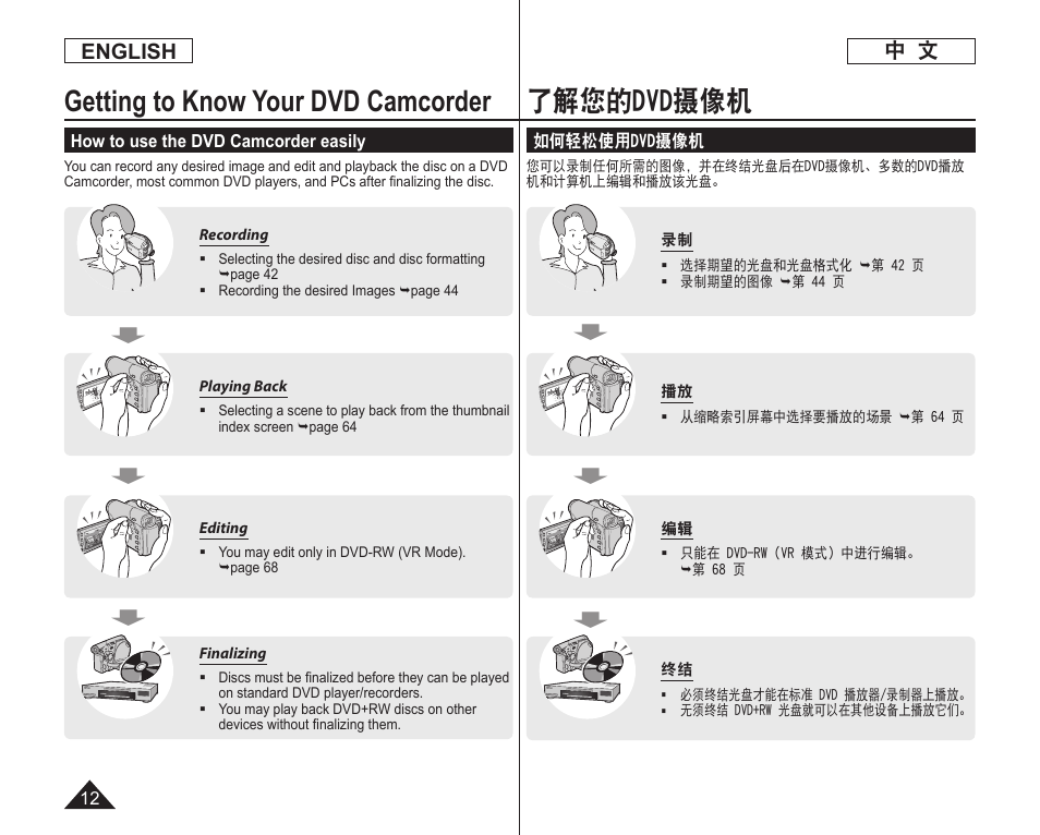 了解您的dvd摄像机, Getting to know your dvd camcorder, English | Samsung DC575 User Manual | Page 12 / 128