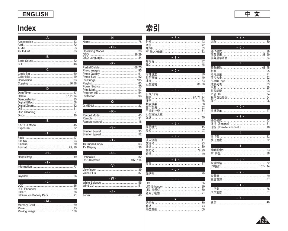 Index, 中 文 english | Samsung DC575 User Manual | Page 125 / 128