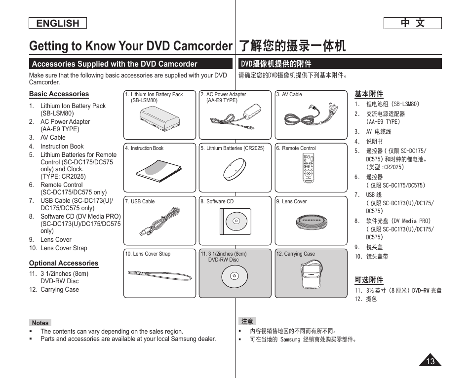 了解您的摄录一体机, Getting to know your dvd camcorder, English | Samsung DC575 User Manual | Page 13 / 128