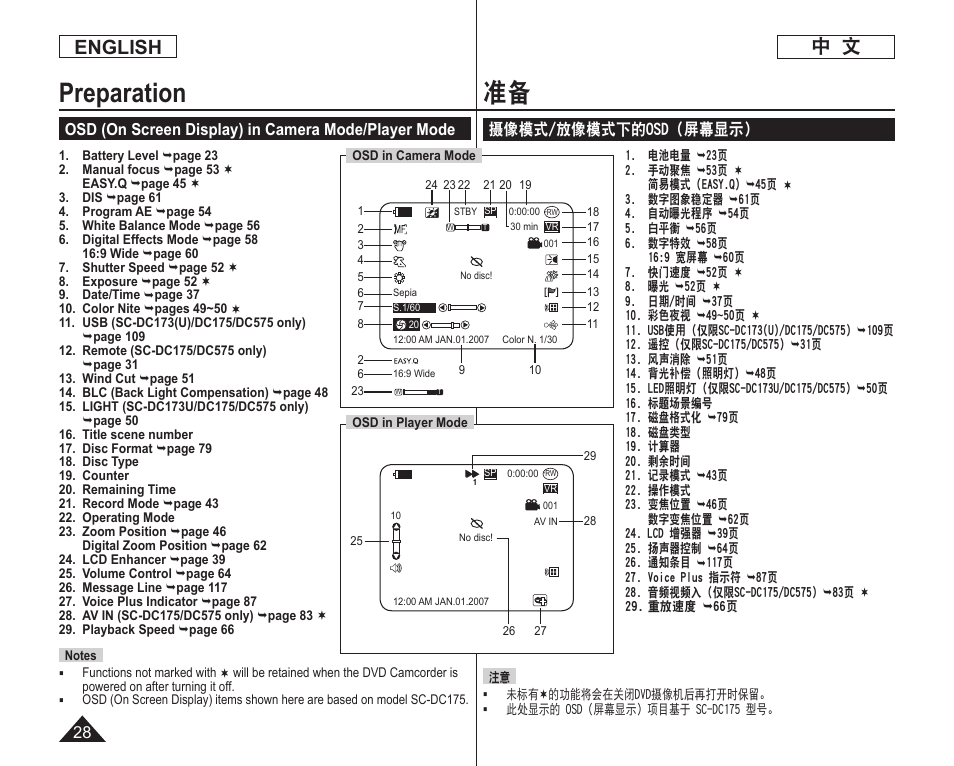 Preparation, English, 摄像模式/放像模式下的osd（屏幕显示 | Osd (on screen display) in camera mode/player mode | Samsung DC575 User Manual | Page 28 / 128