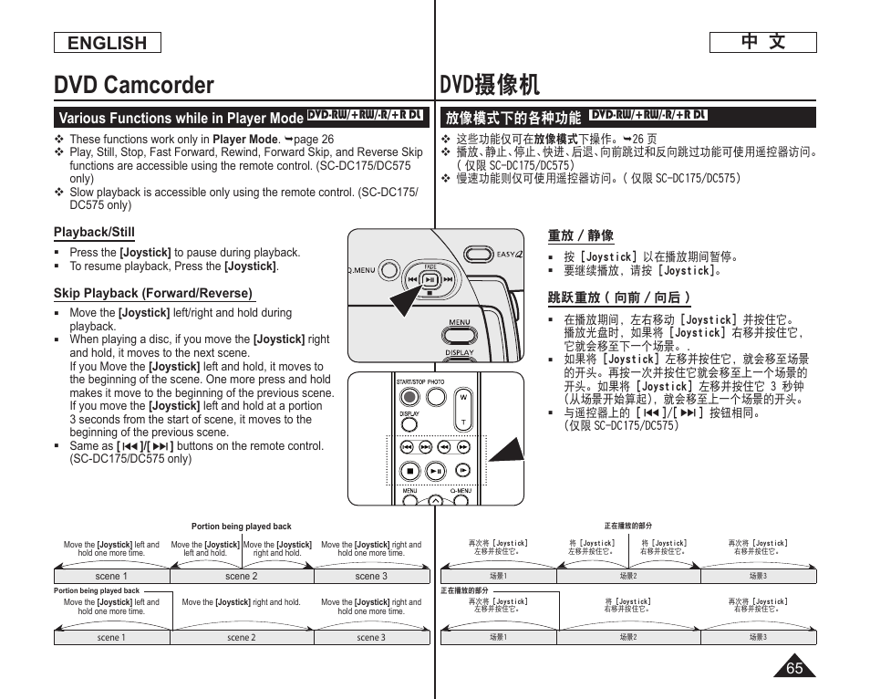 Dvd摄像机, Dvd camcorder, English 中 文 | 放像模式下的各种功能, Various functions while in player mode | Samsung DC575 User Manual | Page 65 / 128