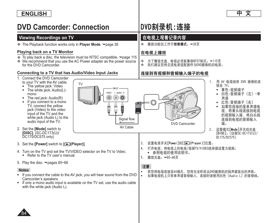 Dvd刻录机:连接, Dvd camcorder: connection, English | Samsung DC575 User Manual | Page 84 / 128