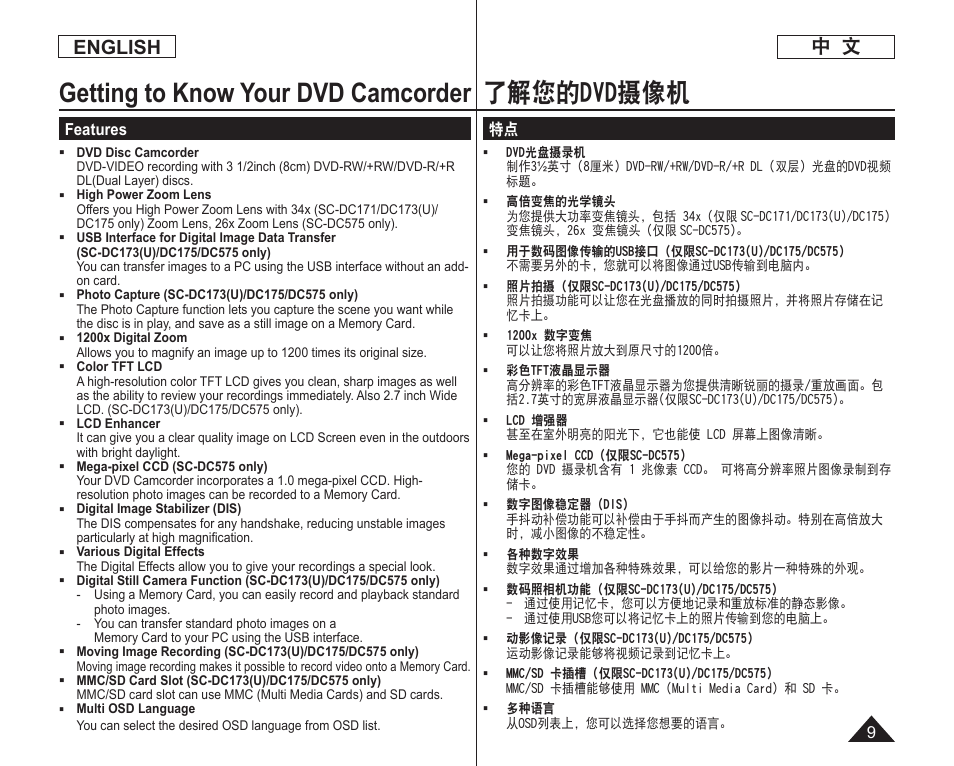 了解您的dvd摄像机, Getting to know your dvd camcorder, English | Samsung DC575 User Manual | Page 9 / 128