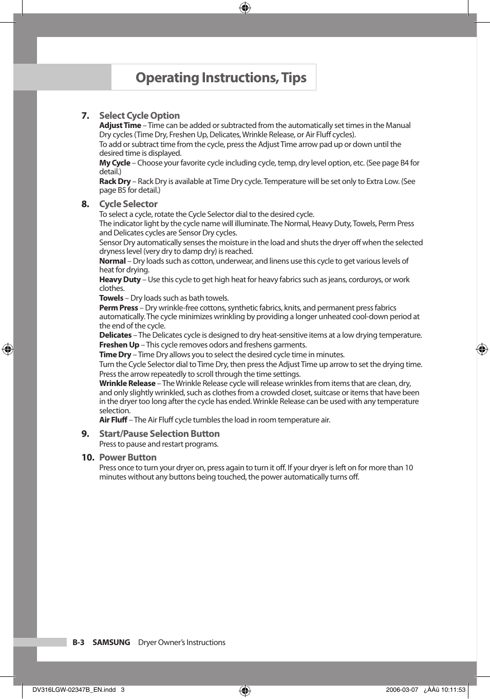Operating instructions, tips | Samsung Model DV316HEC User Manual | Page 14 / 28