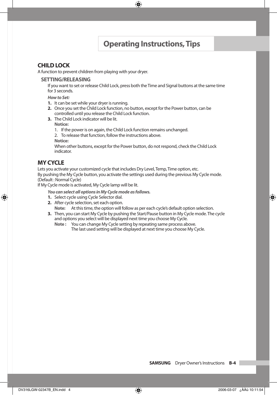 Operating instructions, tips, Child lock, My cycle | Samsung Model DV316HEC User Manual | Page 15 / 28
