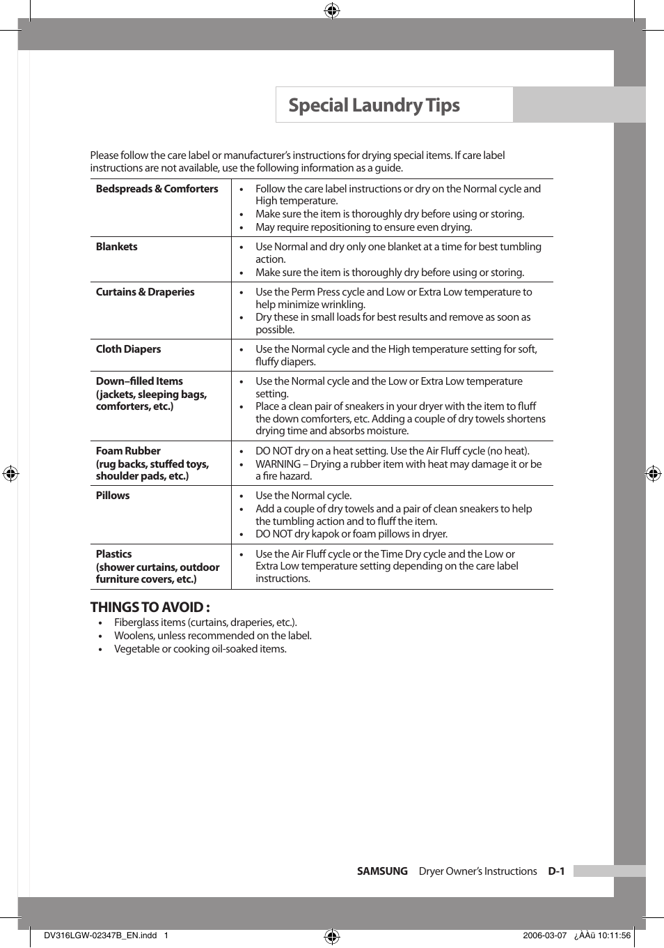 Special laundry tips, Things to avoid | Samsung Model DV316HEC User Manual | Page 19 / 28