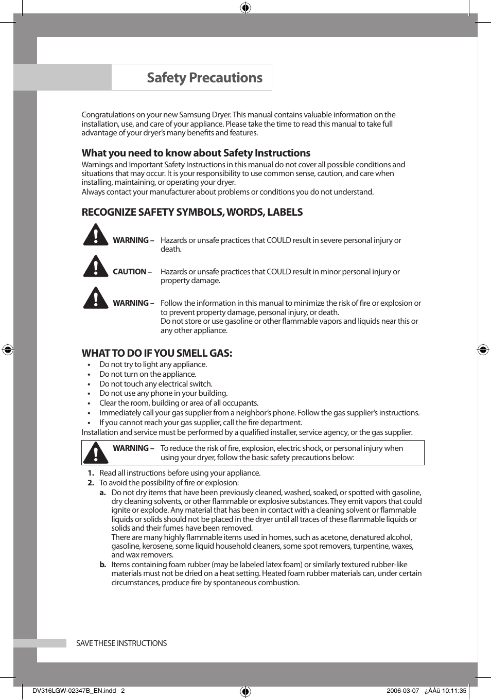 Safety precautions, What you need to know about safety instructions, Recognize safety symbols, words, labels | What to do if you smell gas | Samsung Model DV316HEC User Manual | Page 2 / 28