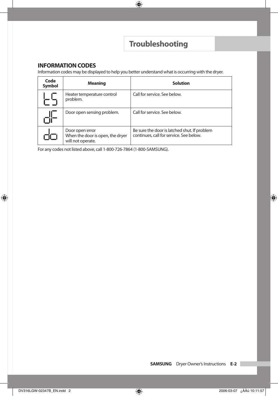 Troubleshooting, Information codes | Samsung Model DV316HEC User Manual | Page 21 / 28