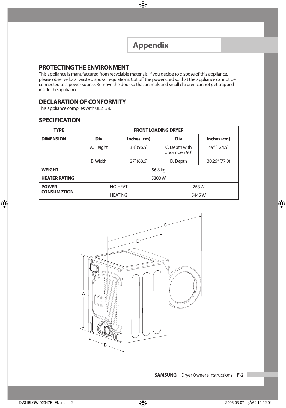 Appendix, Protecting the environment, Declaration of conformity | Specification | Samsung Model DV316HEC User Manual | Page 23 / 28