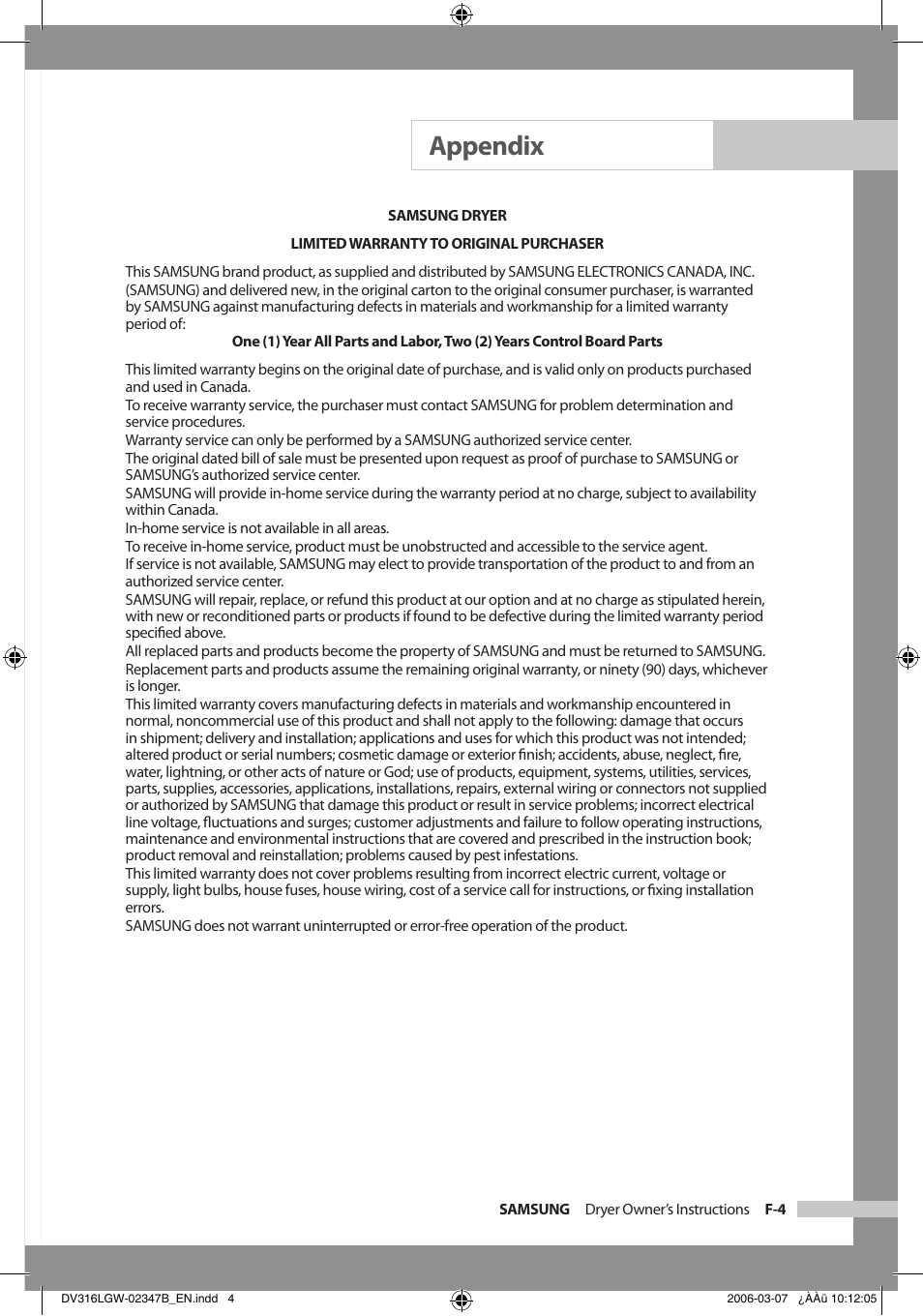 Appendix | Samsung Model DV316HEC User Manual | Page 25 / 28