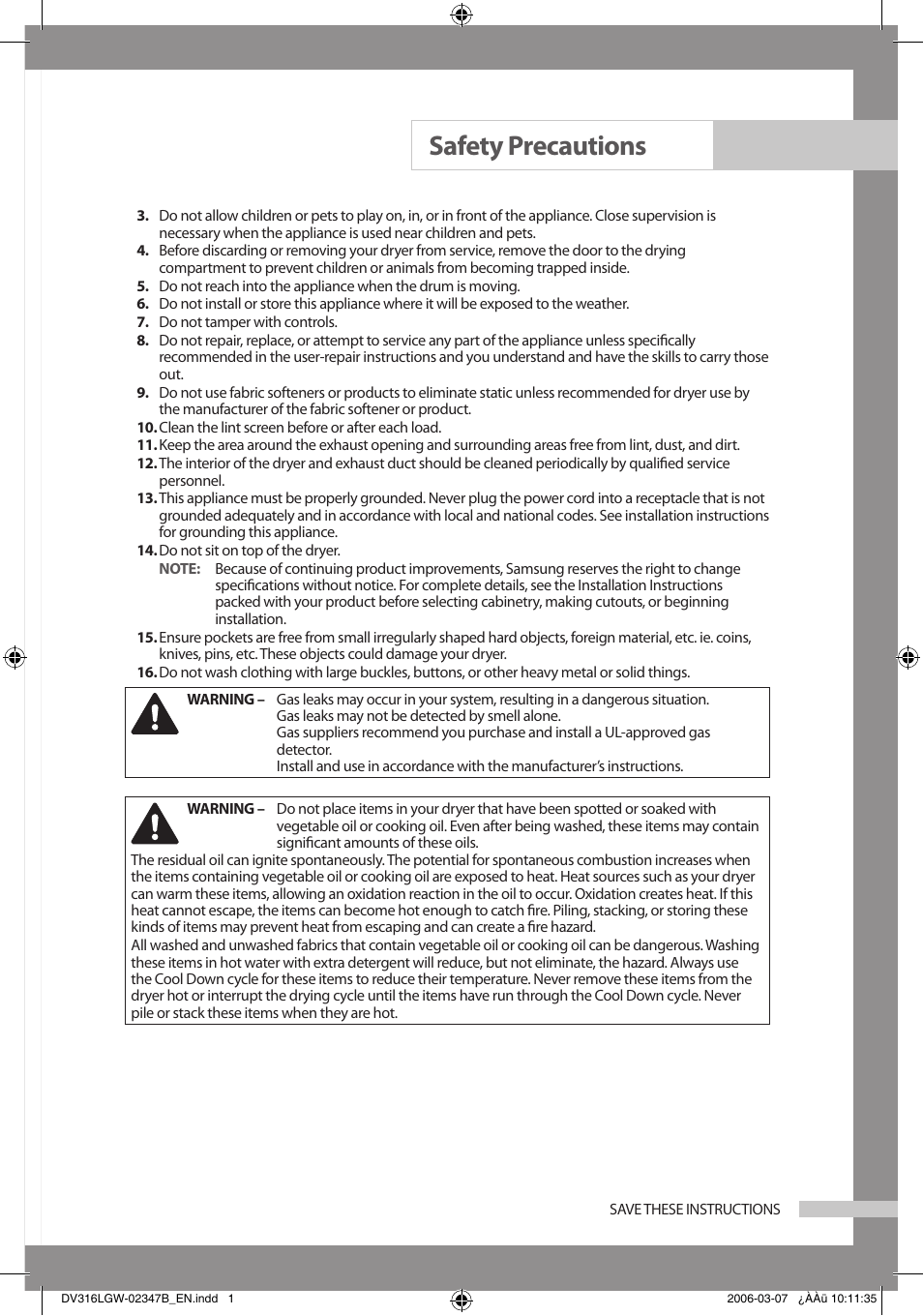 Safety precautions | Samsung Model DV316HEC User Manual | Page 3 / 28