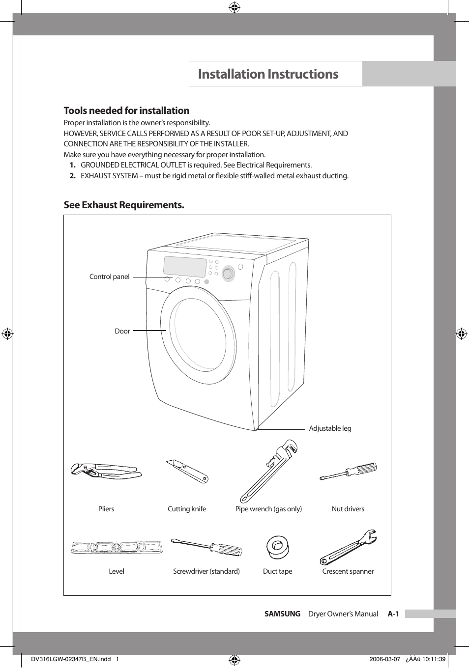 Installation instructions, Tools needed for installation, See exhaust requirements | Samsung Model DV316HEC User Manual | Page 5 / 28