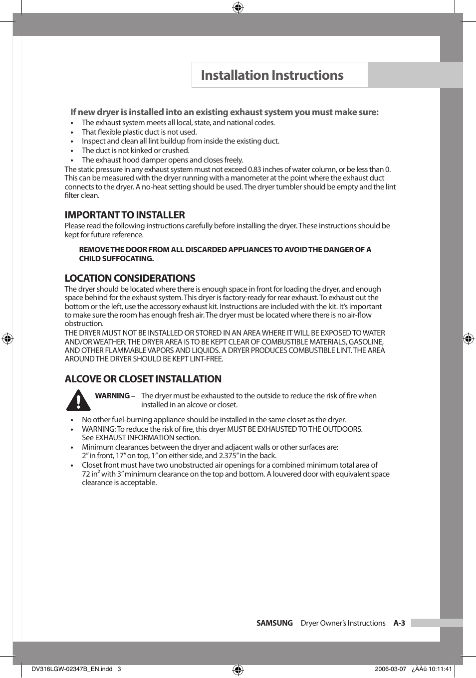 Installation instructions, Important to installer, Location considerations | Alcove or closet installation | Samsung Model DV316HEC User Manual | Page 7 / 28