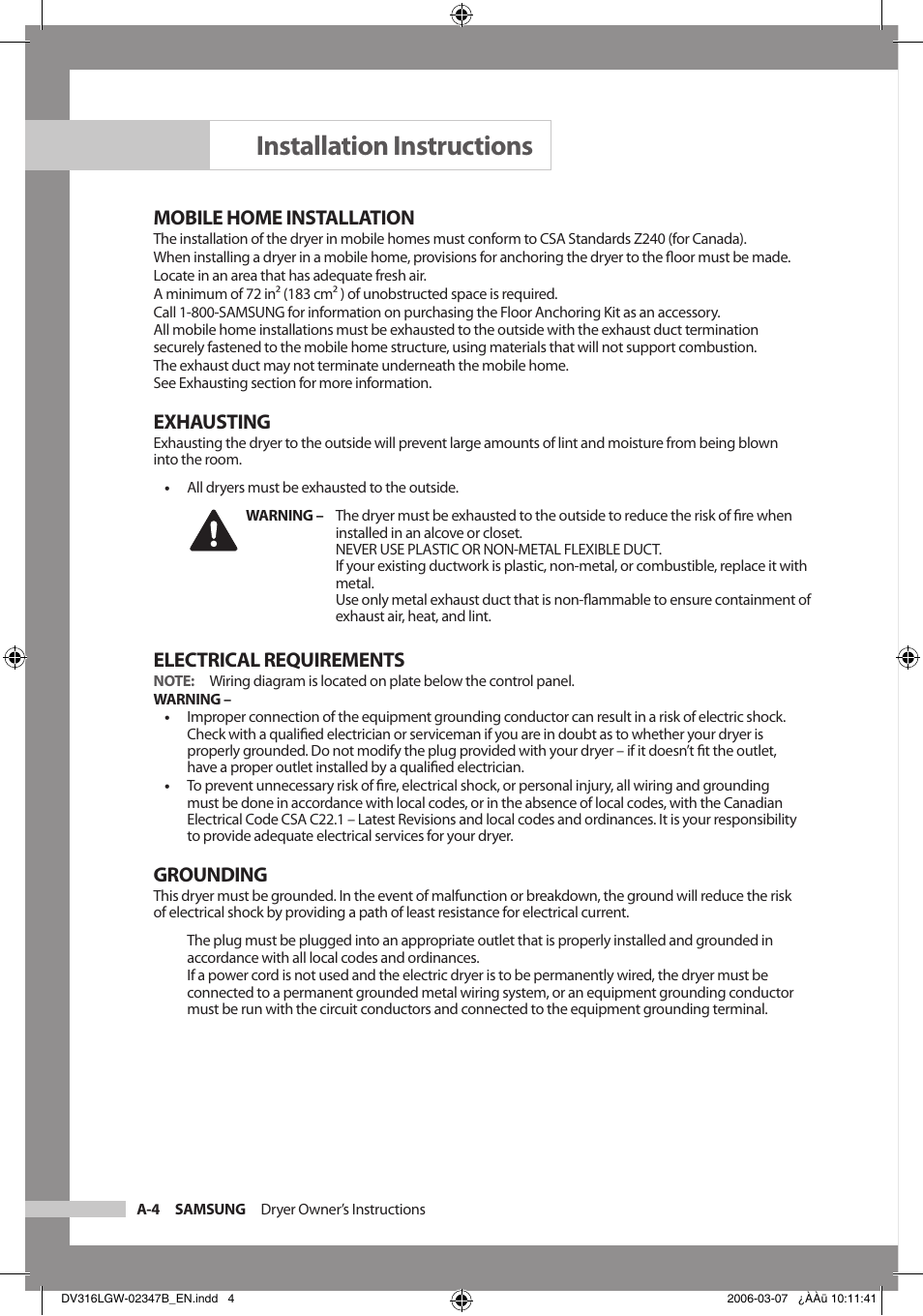 Installation instructions, Mobile home installation, Exhausting | Electrical requirements, Grounding | Samsung Model DV316HEC User Manual | Page 8 / 28