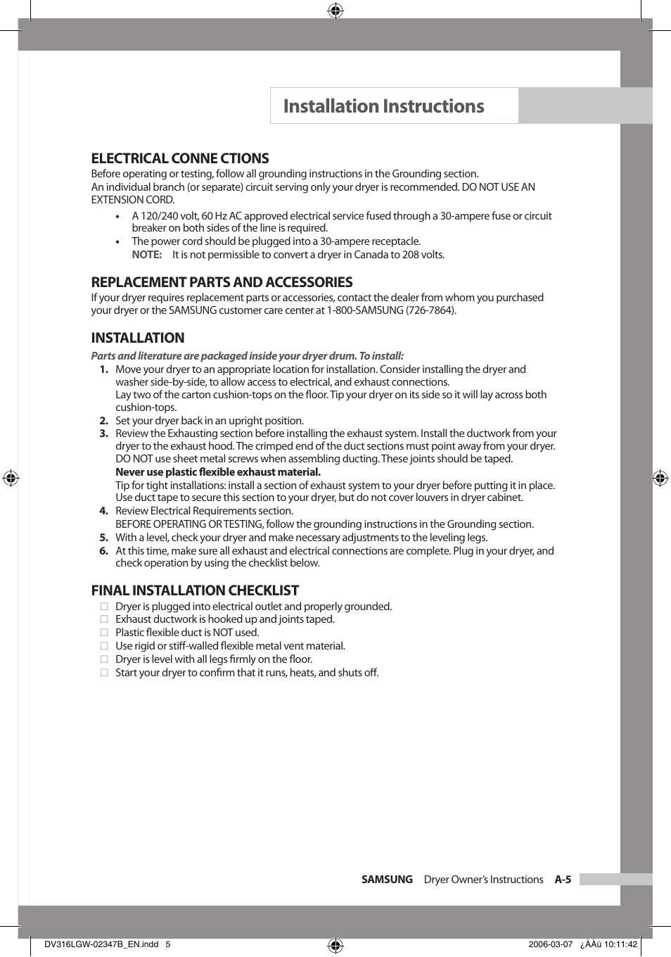 Installation instructions, Electrical conne ctions, Replacement parts and accessories | Installation, Final installation checklist | Samsung Model DV316HEC User Manual | Page 9 / 28