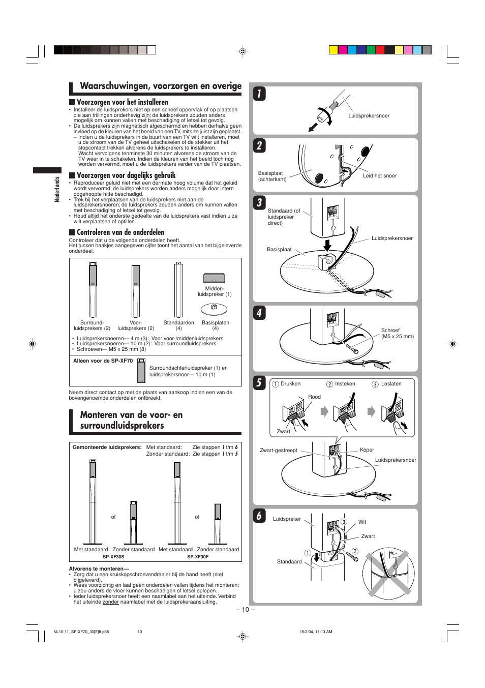 Monteren van de voor- en surroundluidsprekers, Waarschuwingen, voorzorgen en overige, Voorzorgen voor het installeren | Voorzorgen voor dagelijks gebruik, Controleren van de onderdelen | JVC QP-F70AL User Manual | Page 10 / 40