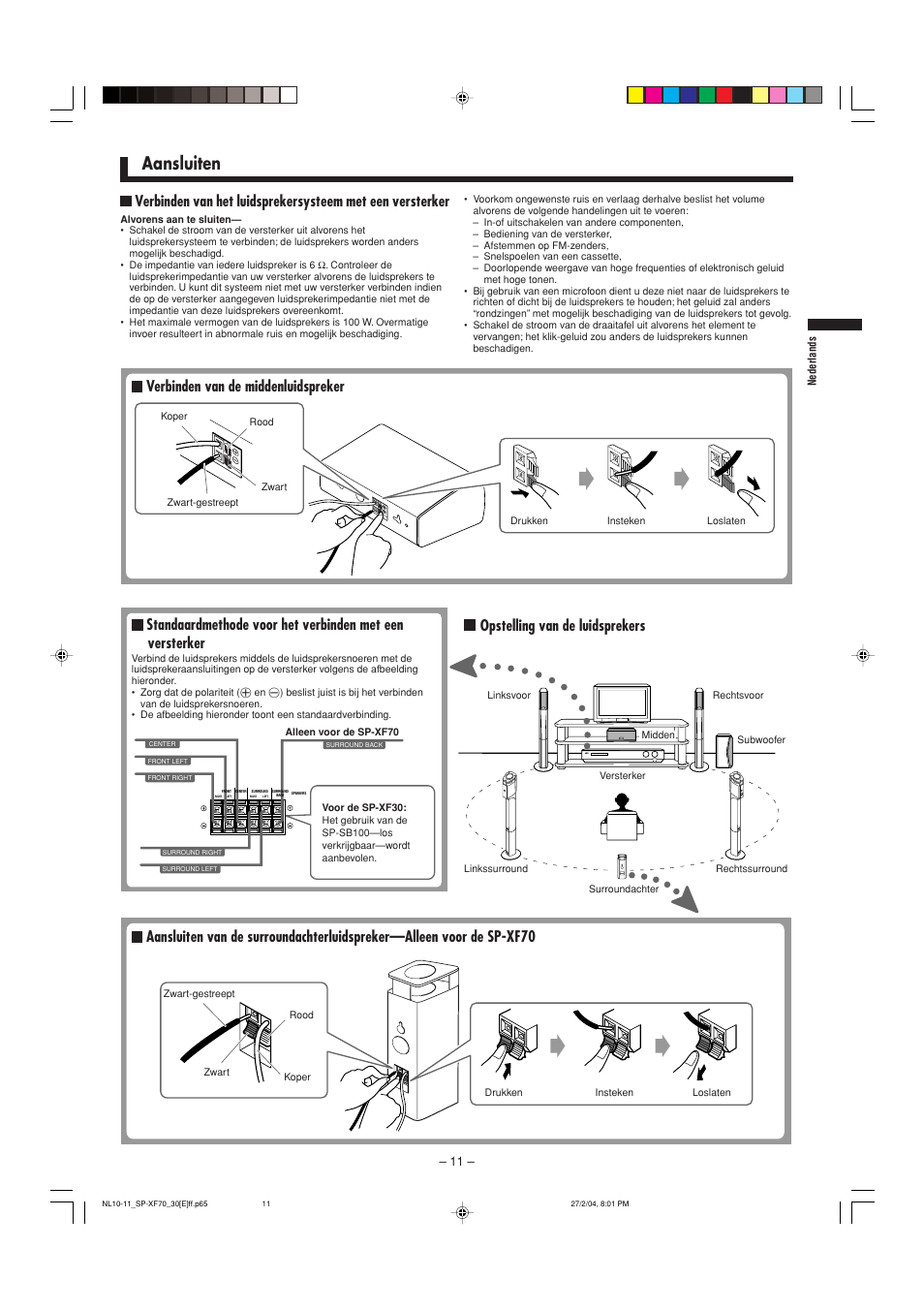 Aansluiten, Opstelling van de luidsprekers | JVC QP-F70AL User Manual | Page 11 / 40