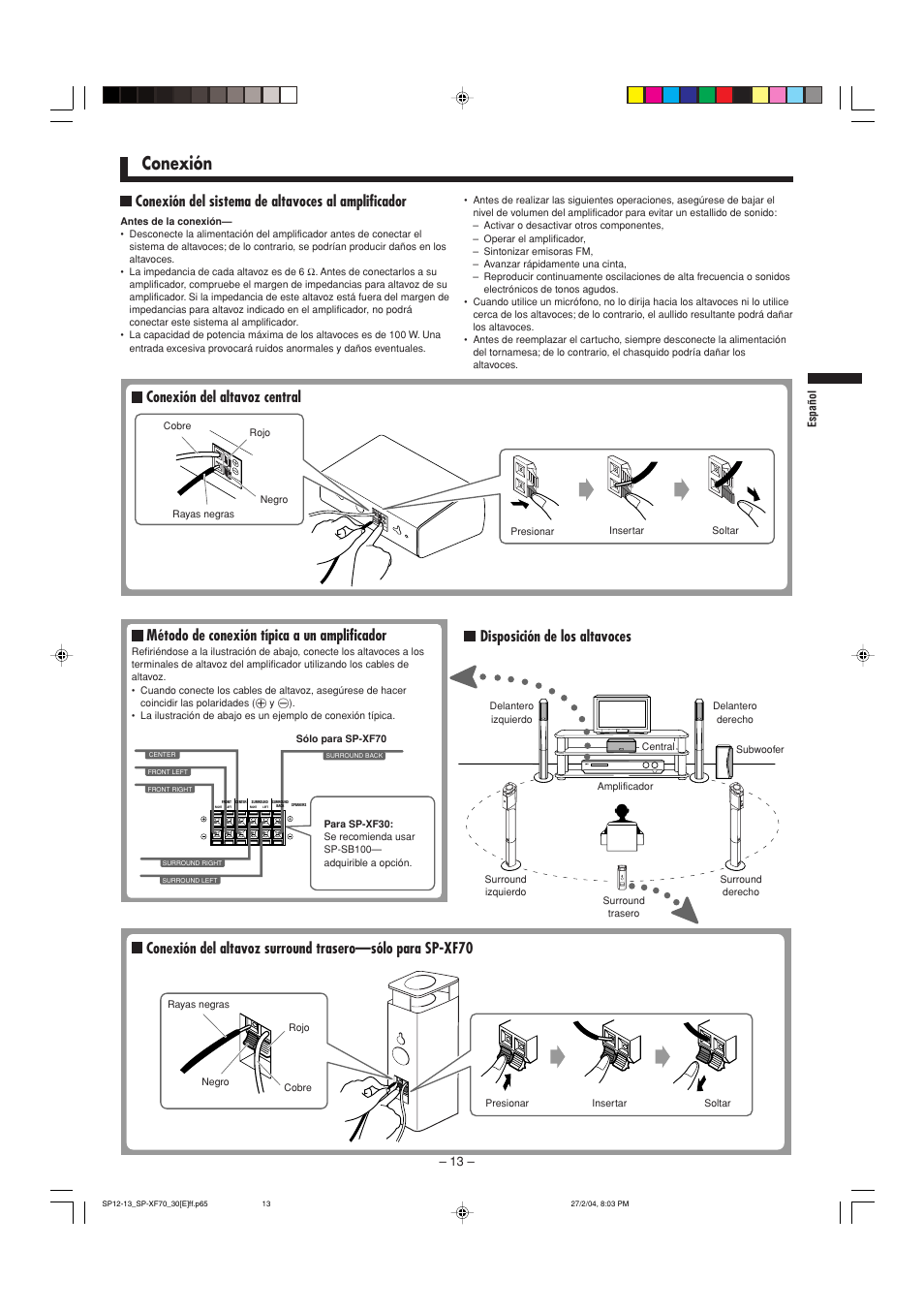 Conexión, Método de conexión típica a un amplificador, Disposición de los altavoces | JVC QP-F70AL User Manual | Page 13 / 40