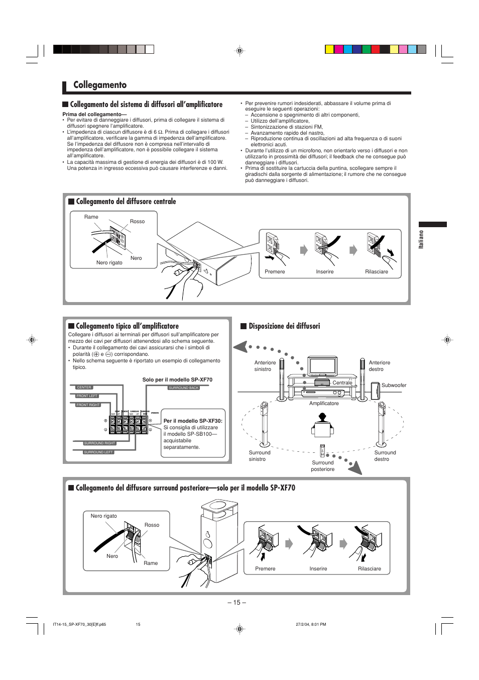 Collegamento, Collegamento tipico all’amplificatore, Disposizione dei diffusori | JVC QP-F70AL User Manual | Page 15 / 40