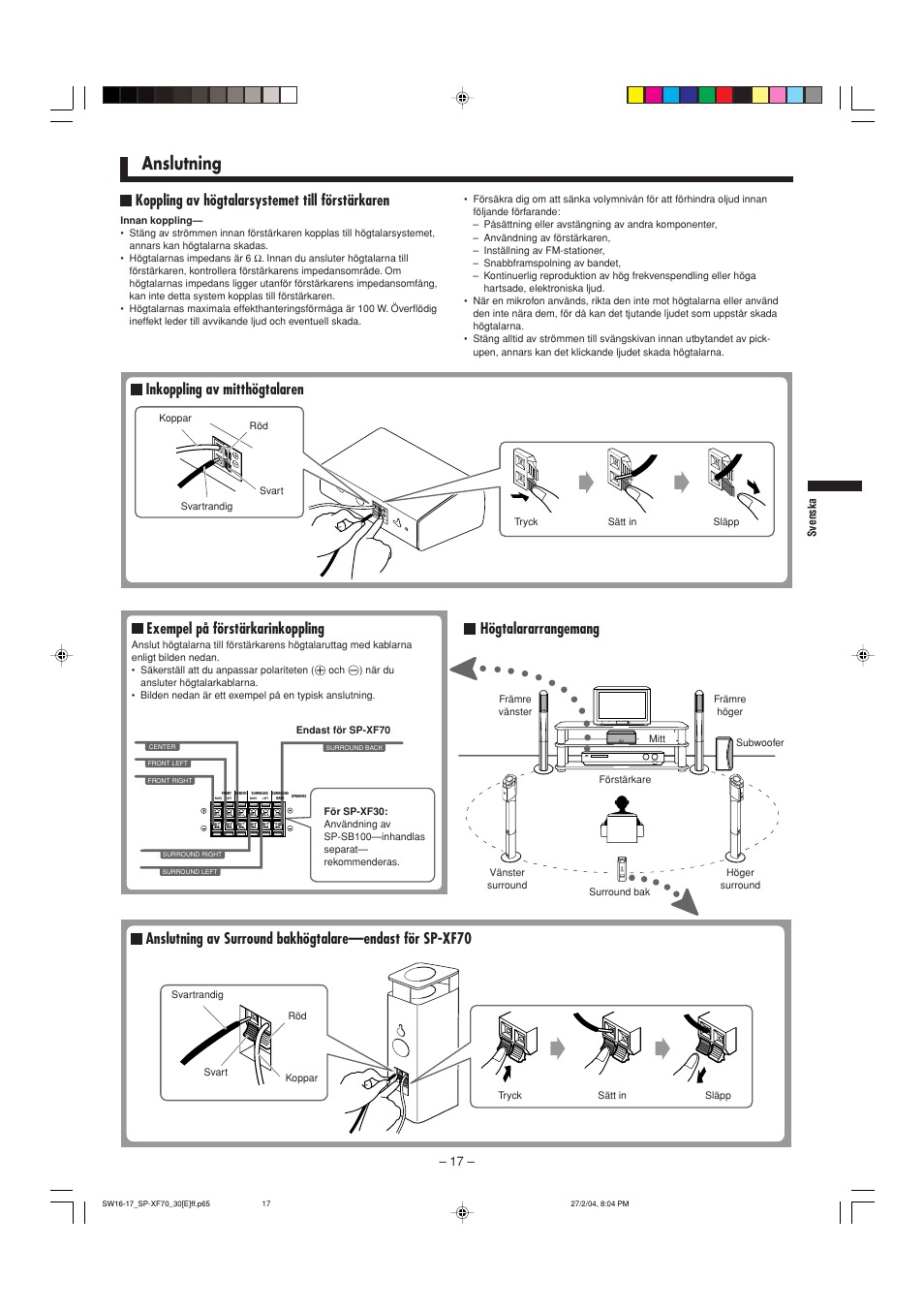 Anslutning, Exempel på förstärkarinkoppling, Inkoppling av mitthögtalaren | Högtalararrangemang, Koppling av högtalarsystemet till förstärkaren | JVC QP-F70AL User Manual | Page 17 / 40