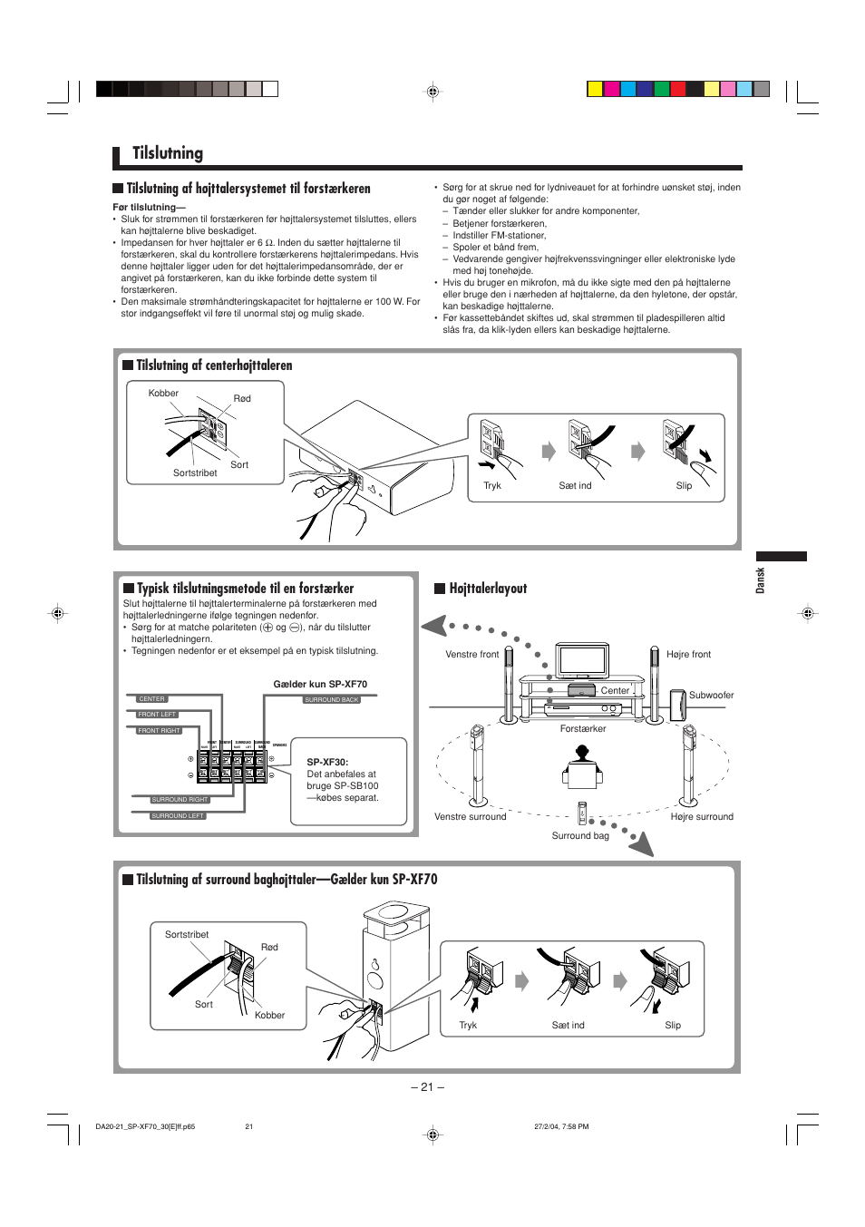 Tilslutning, Typisk tilslutningsmetode til en forstærker, Tilslutning af højttalersystemet til forstærkeren | Højttalerlayout, Tilslutning af centerhøjttaleren | JVC QP-F70AL User Manual | Page 21 / 40