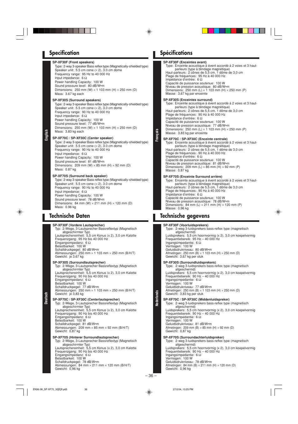 Specification | JVC QP-F70AL User Manual | Page 36 / 40