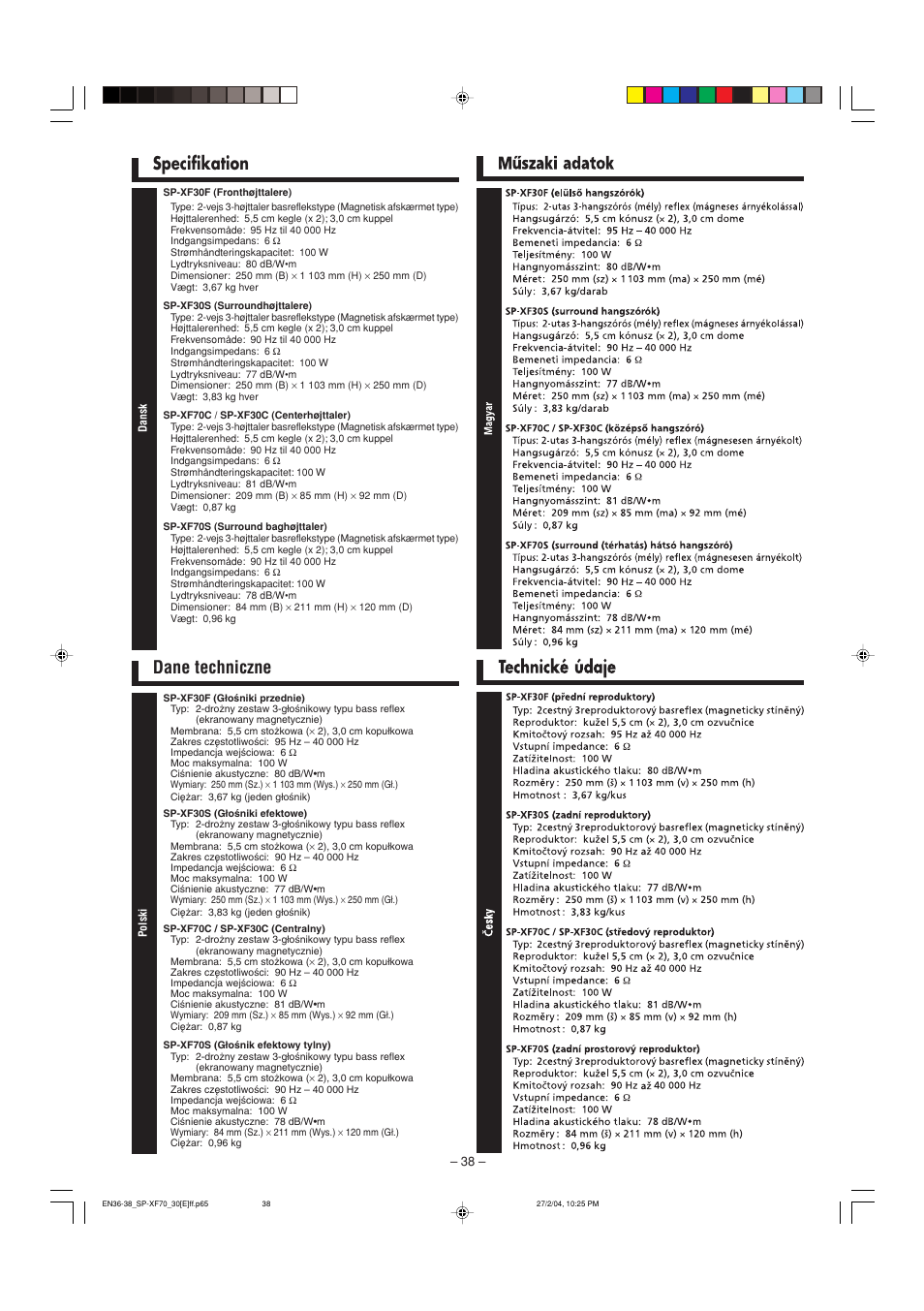 Specifikation dane techniczne | JVC QP-F70AL User Manual | Page 38 / 40