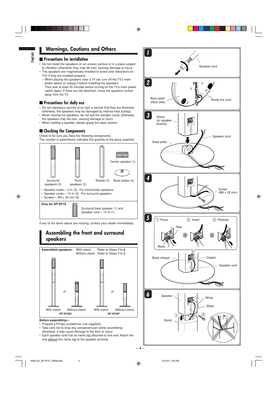 Assembling the front and surround speakers, Warnings, cautions and others, Precautions for installation | Precautions for daily use, Checking the components | JVC QP-F70AL User Manual | Page 4 / 40