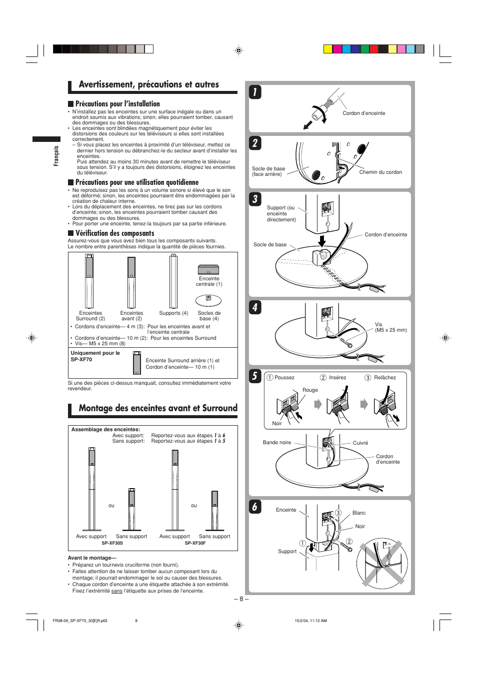 Montage des enceintes avant et surround, Avertissement, précautions et autres, Précautions pour l’installation | Précautions pour une utilisation quotidienne, Vérification des composants | JVC QP-F70AL User Manual | Page 8 / 40