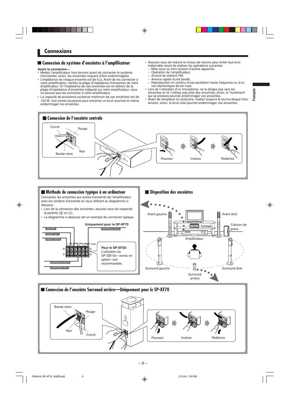 Connexions, Méthode de connexion typique à un ordinateur, Disposition des enceintes | JVC QP-F70AL User Manual | Page 9 / 40