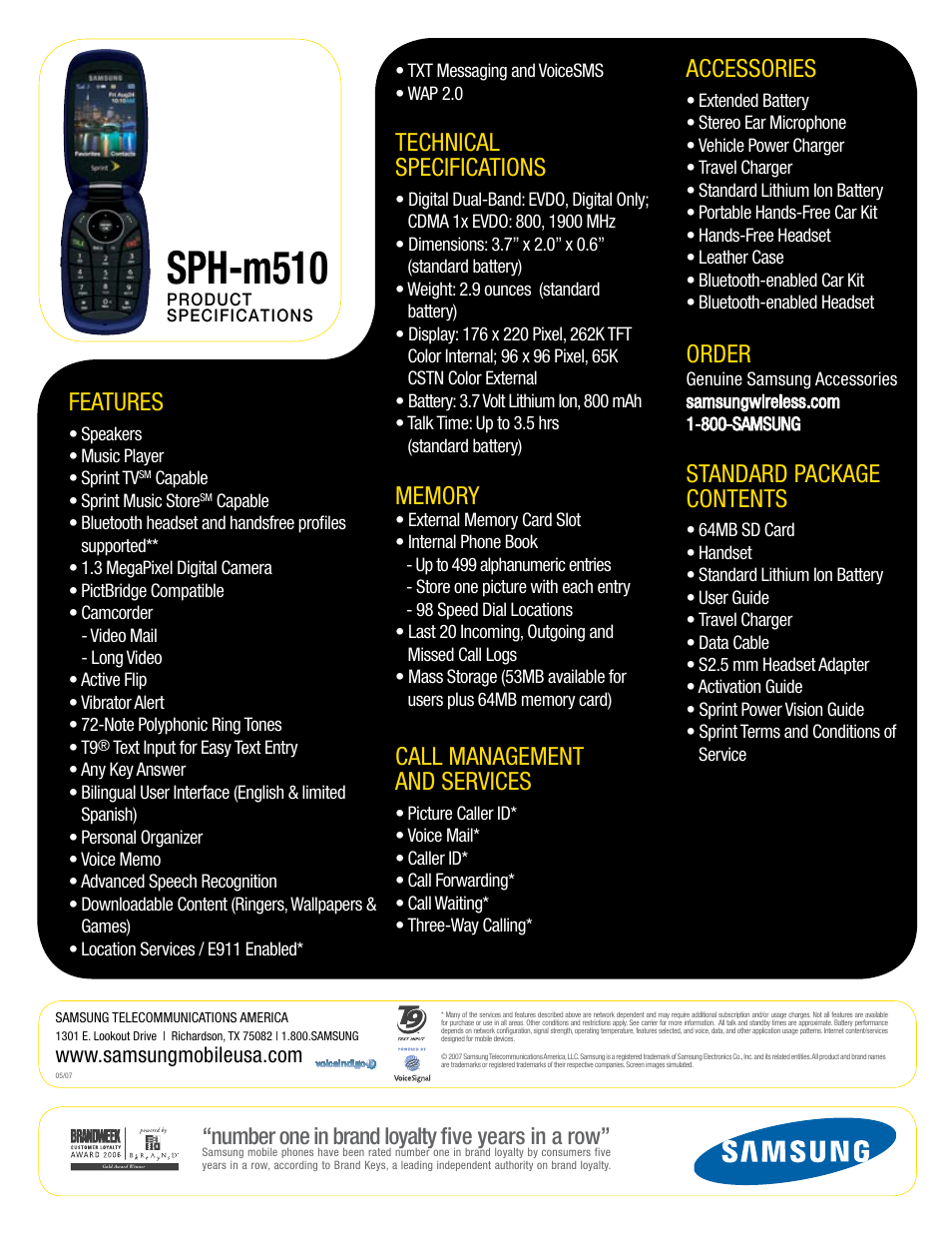 Sph-m510, Features, Technical specifications | Call management and services, Accessories, Order, Standard package contents, Number one in brand loyalty five years in a row | Samsung SPEC SHEET SPH-M510 User Manual | Page 2 / 2