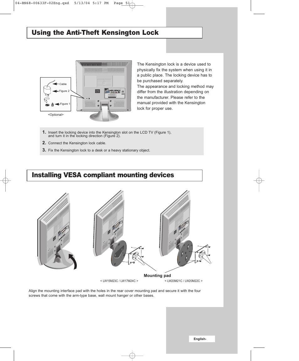 Using the anti-theft kensington lock, Installing vesa compliant mounting devices | Samsung W17M24C User Manual | Page 4 / 8