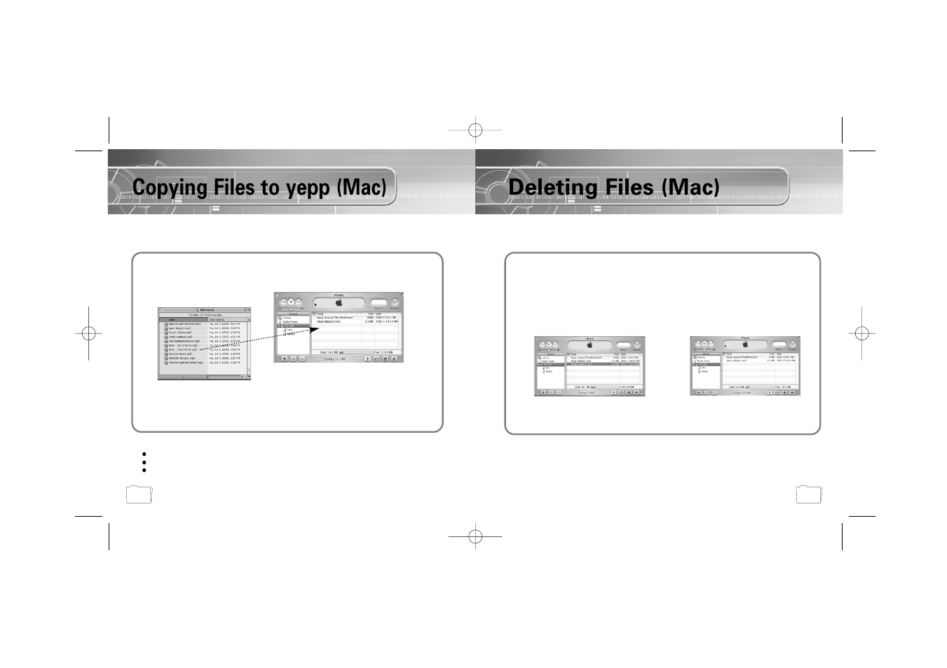 Copying files to yepp (mac), Deleting files (mac) | Samsung YP-300 User Manual | Page 23 / 38