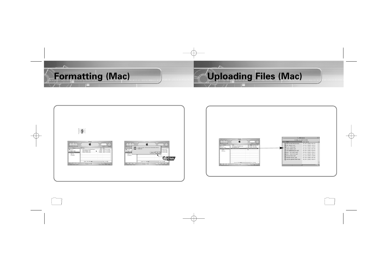 Formatting (mac), Uploading files (mac) | Samsung YP-300 User Manual | Page 24 / 38