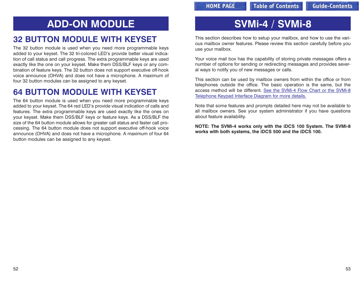 Add-on module, 32 button module with keyset, 64 button module with keyset | Svmi-4 / svmi-8, See keyset user features in svmi-4/svmi-8 section | Samsung iDCS 100 User Manual | Page 100 / 155