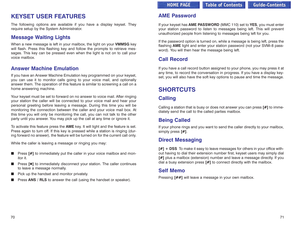 Keyset user features, Message waiting lights, Answer machine emulation | Ame password, Call record, Shortcuts, Calling, Being called, Direct messaging, Self memo | Samsung iDCS 100 User Manual | Page 109 / 155