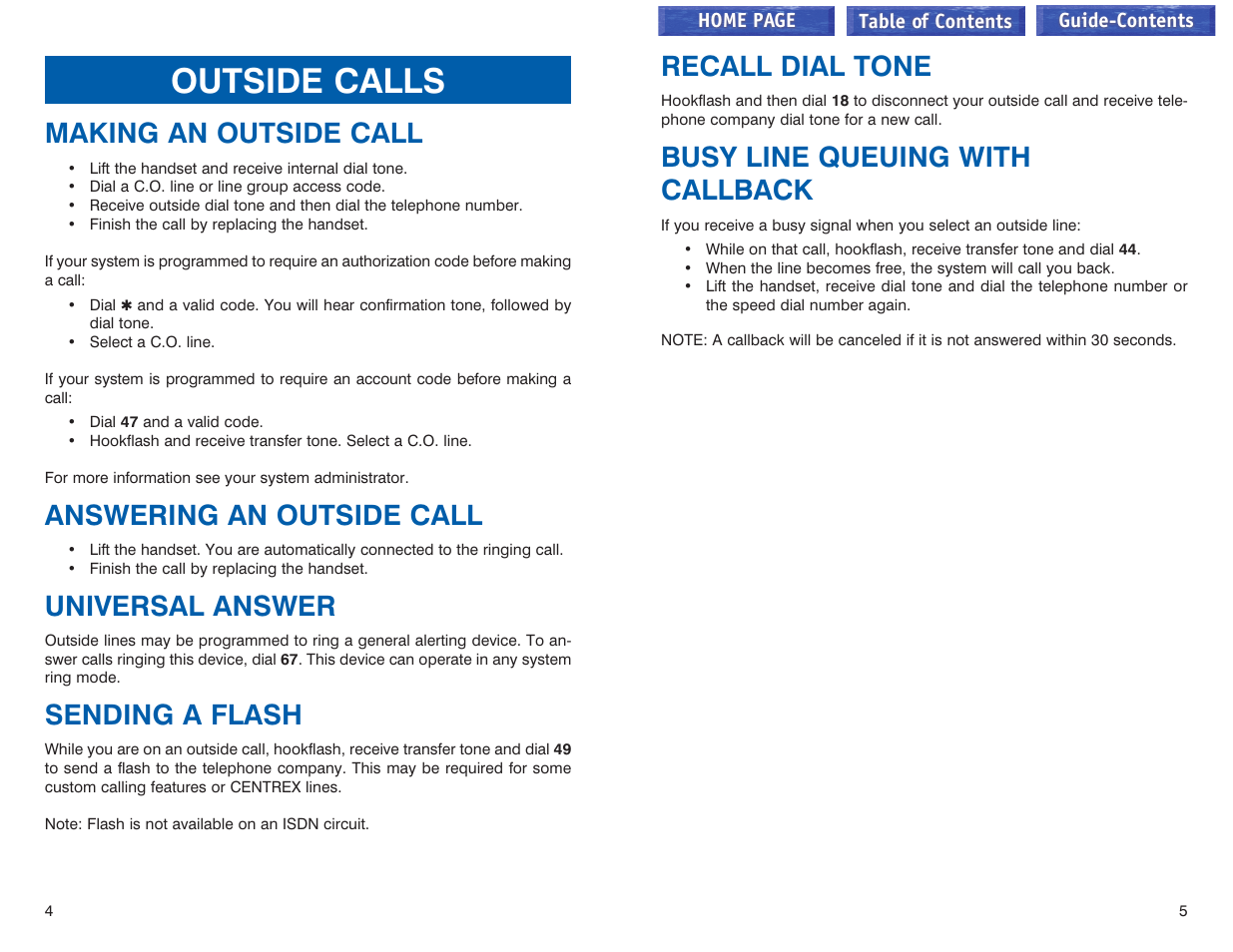 Outside calls, Making an outside call, Answering an outside call | Universal answer, Sending a flash, Recall dial tone, Busy line queuing with callback | Samsung iDCS 100 User Manual | Page 115 / 155