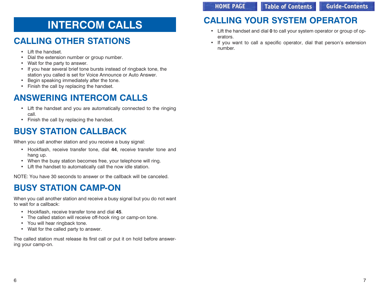 Intercom calls, Calling other stations, Answering intercom calls | Busy station callback, Busy station camp-on, Calling your system operator | Samsung iDCS 100 User Manual | Page 116 / 155