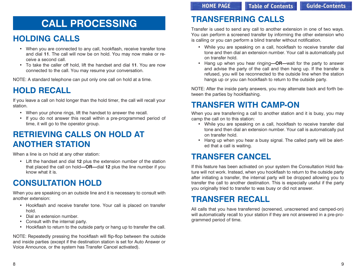 Call processing, Holding calls, Hold recall | Retrieving cals on hold at another station, Consultation hold, Transferring calls, Transfer with camp-on, Transfer cancel, Transfer recall, Retrieving calls on hold at another station | Samsung iDCS 100 User Manual | Page 117 / 155