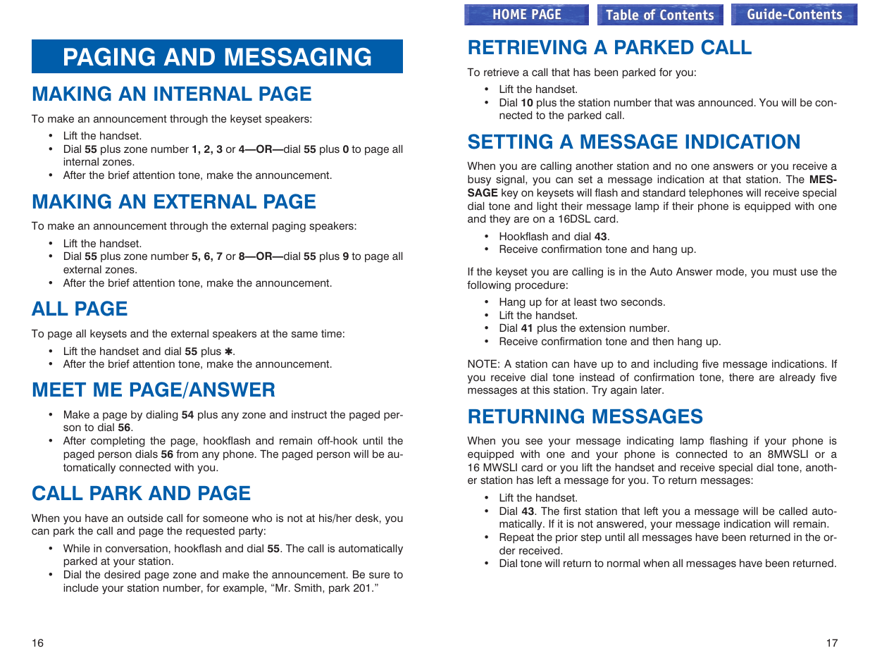 Paging and messaging, Retrieving a parked call, Setting a message indication | Returning messages, Making an internal page, Making an external page, All page, Meet me page/answer, Call park and page | Samsung iDCS 100 User Manual | Page 121 / 155