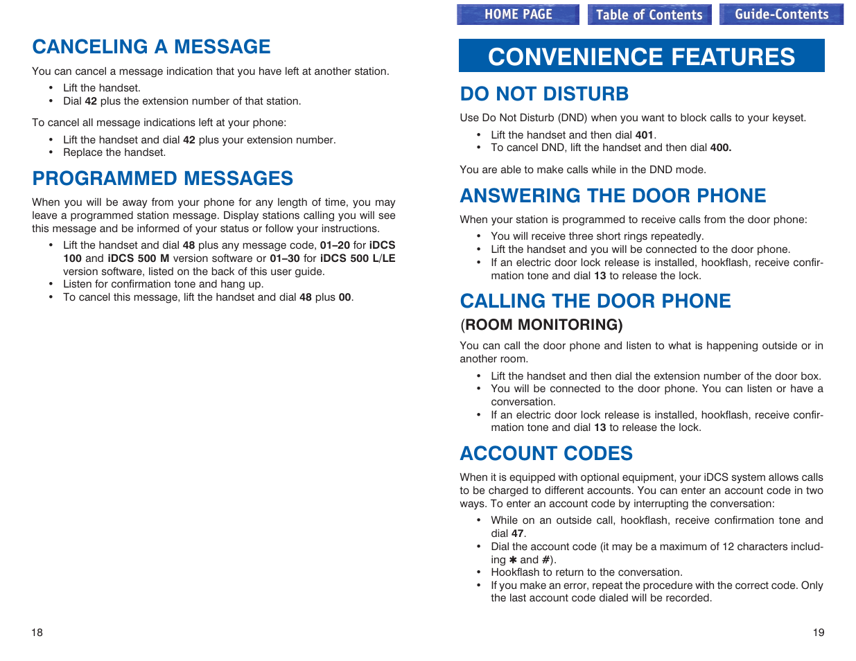 Canceling a message, Programmed messages, Convenience features | Do not disturb, Answering the door phone, Calling the door phone, Account codes, Canceling a message programmed messages, Do not disturb door phone calls account codes –20 | Samsung iDCS 100 User Manual | Page 122 / 155