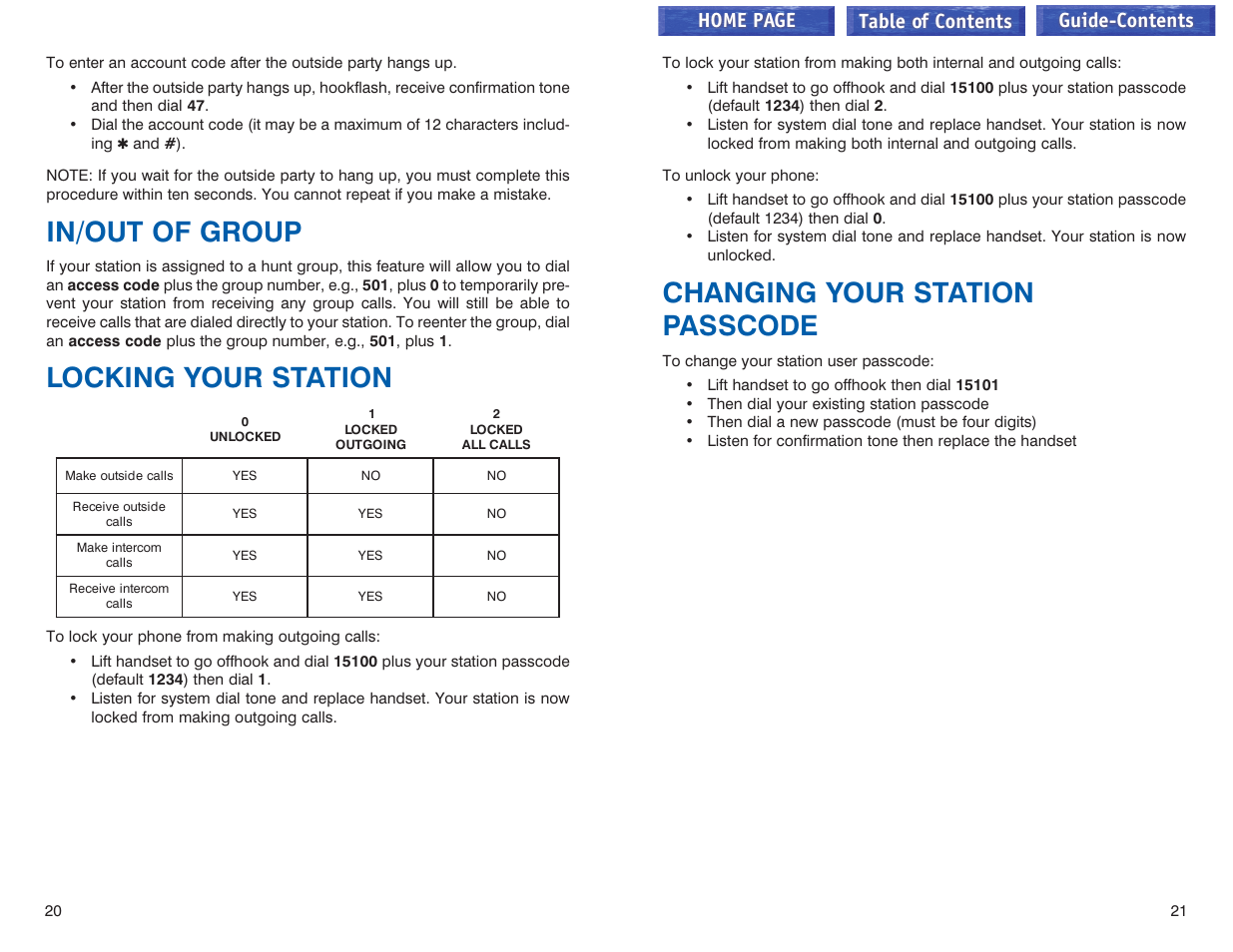 In/out of group, Locking your station, Changing your station passcode | Home page table of contents guide-contents | Samsung iDCS 100 User Manual | Page 123 / 155