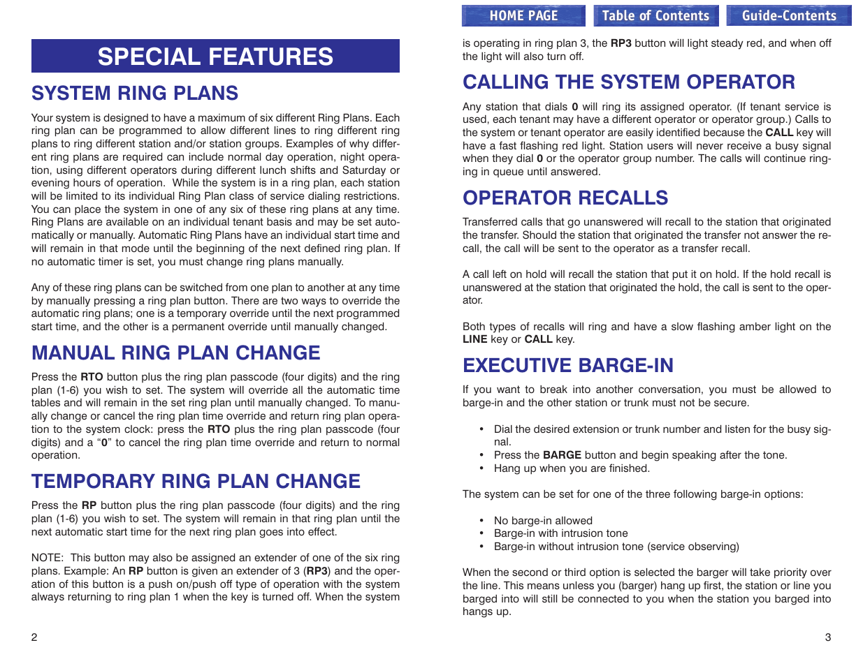 Special features, System ring plans, Manual ring plan change | Temporary ring plan change, Calling the system operator, Operator recalls, Executive barge-in | Samsung iDCS 100 User Manual | Page 128 / 155