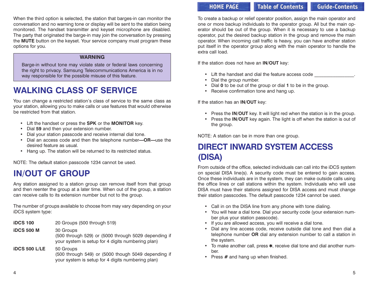 Walking class of service, In/out of group, Direct inward system access (disa) | Samsung iDCS 100 User Manual | Page 129 / 155