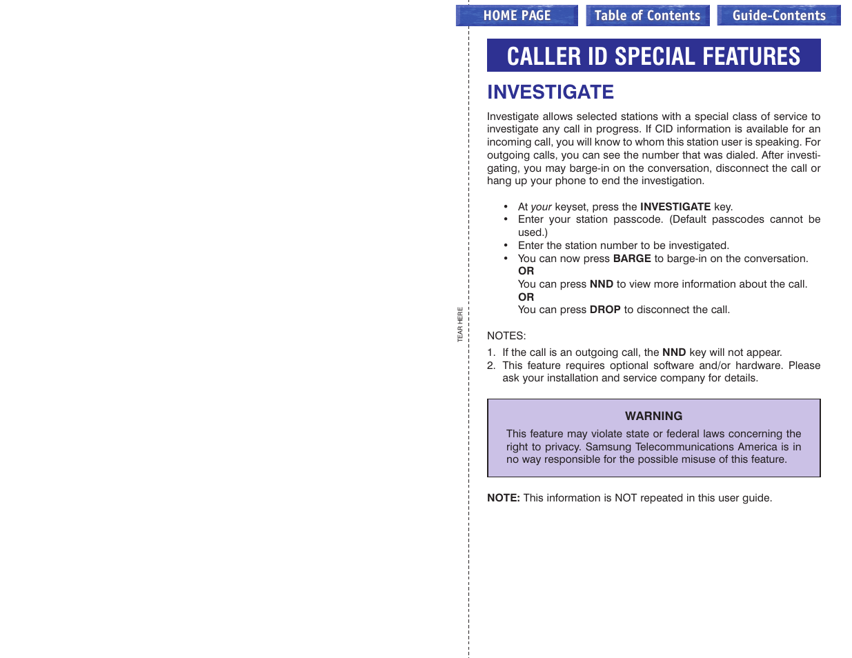 Caller id special features, Investigate, System administrator programming | Samsung iDCS 100 User Manual | Page 132 / 155