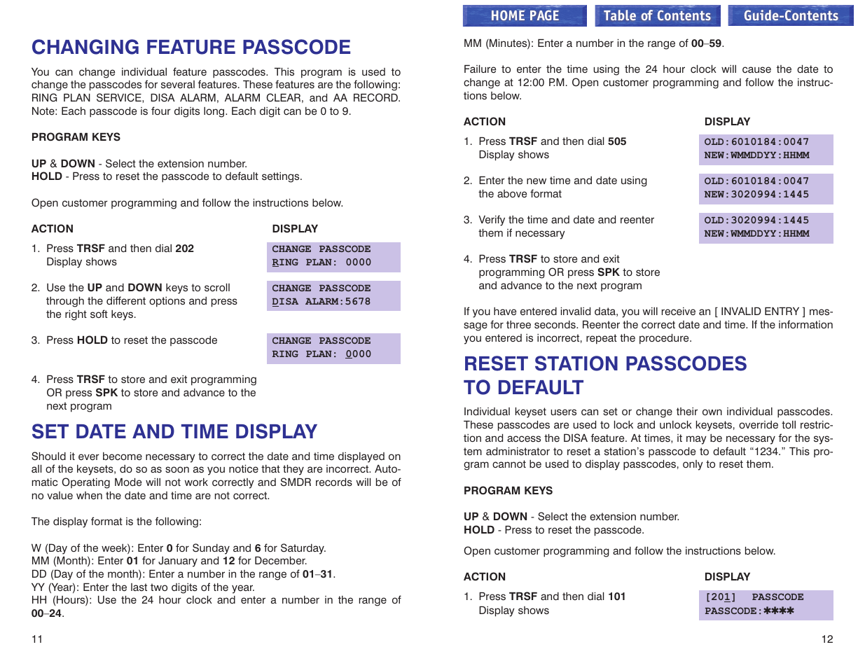 Changing feature passcode, Set date and time display, Reset station passcodes to default | Samsung iDCS 100 User Manual | Page 134 / 155