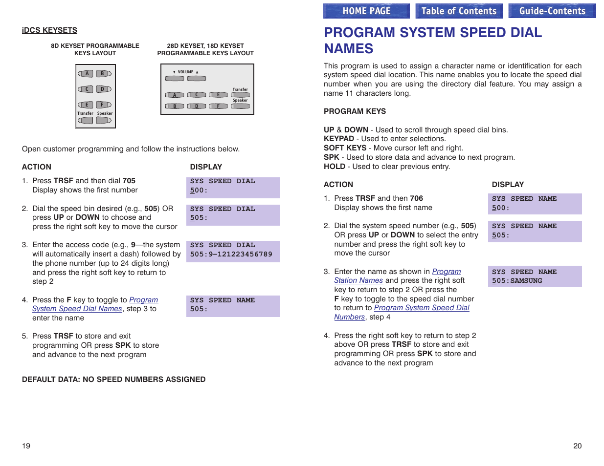 Program system speed dial names, Home page table of contents guide-contents | Samsung iDCS 100 User Manual | Page 138 / 155