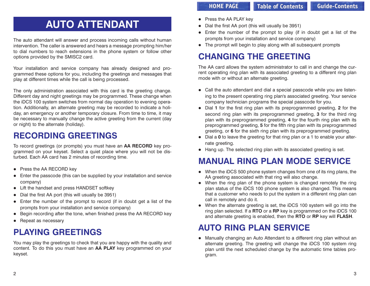 Auto attendant, Recoding greetings, Playing greetings | Changing the greeting, Manual ring plan mode service, Auto ring plan service, Recording greetings | Samsung iDCS 100 User Manual | Page 149 / 155