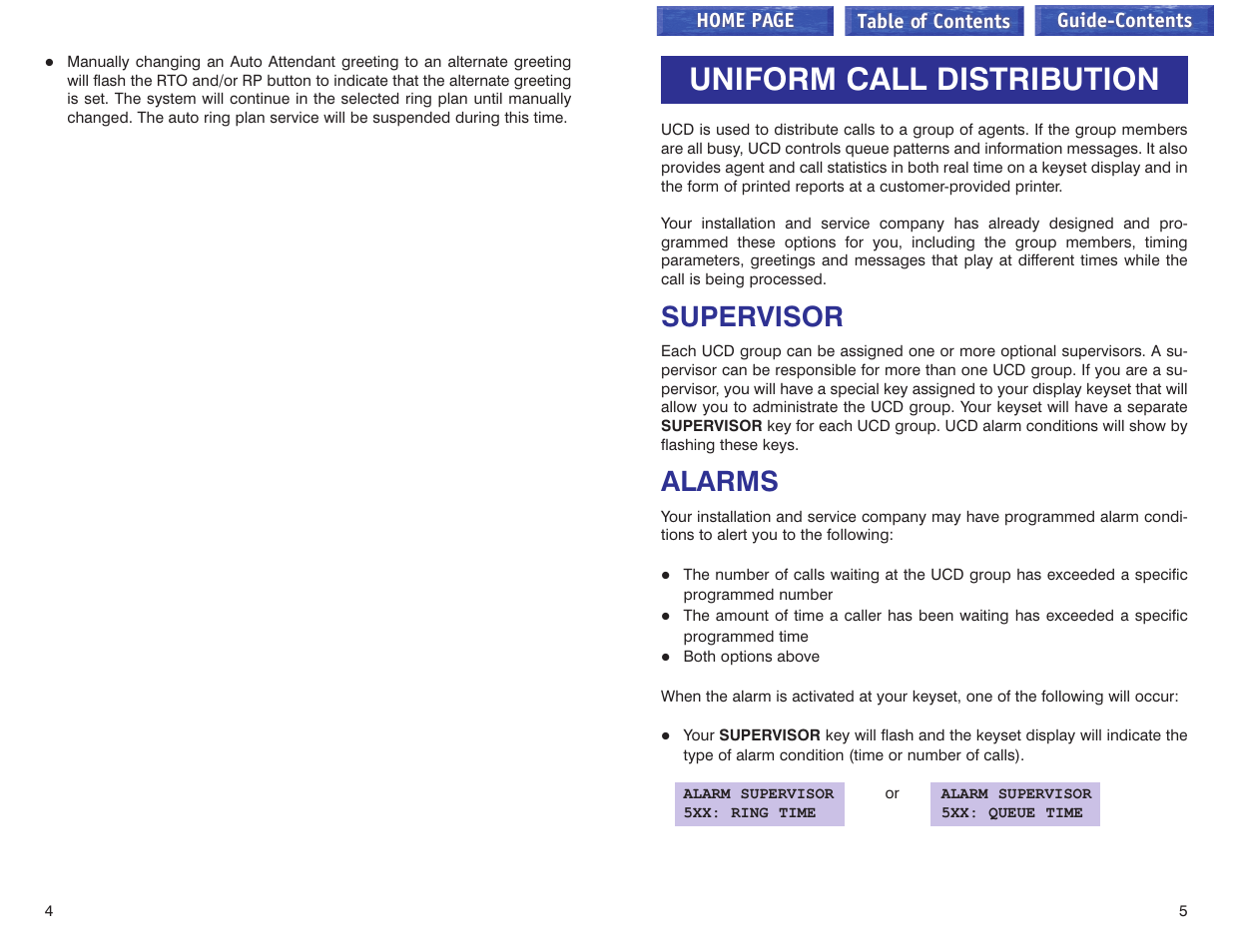 Uniform call distribution, Supervisor, Alarms | Supervisor alarms | Samsung iDCS 100 User Manual | Page 150 / 155